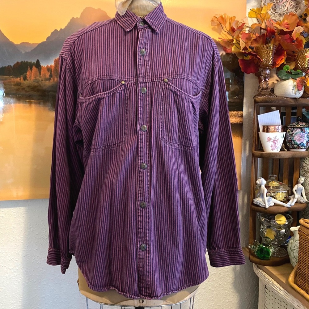 Zeppelin Button Down Shirt Vintage Grunge Western Mens L Purple Striped 11059